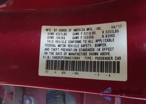 2017 Honda Accord Sport from USA, damaged, VIN 1HGCR2F59HA210864